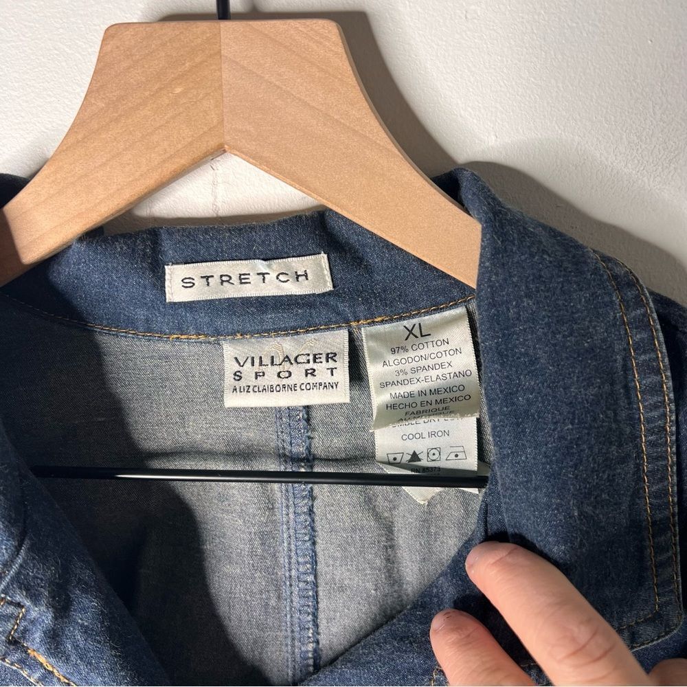 Villager Sport Dark Blue Jean Jacket with Belt Chore Pockets XL Vintage Denim - Picture 5 of 9